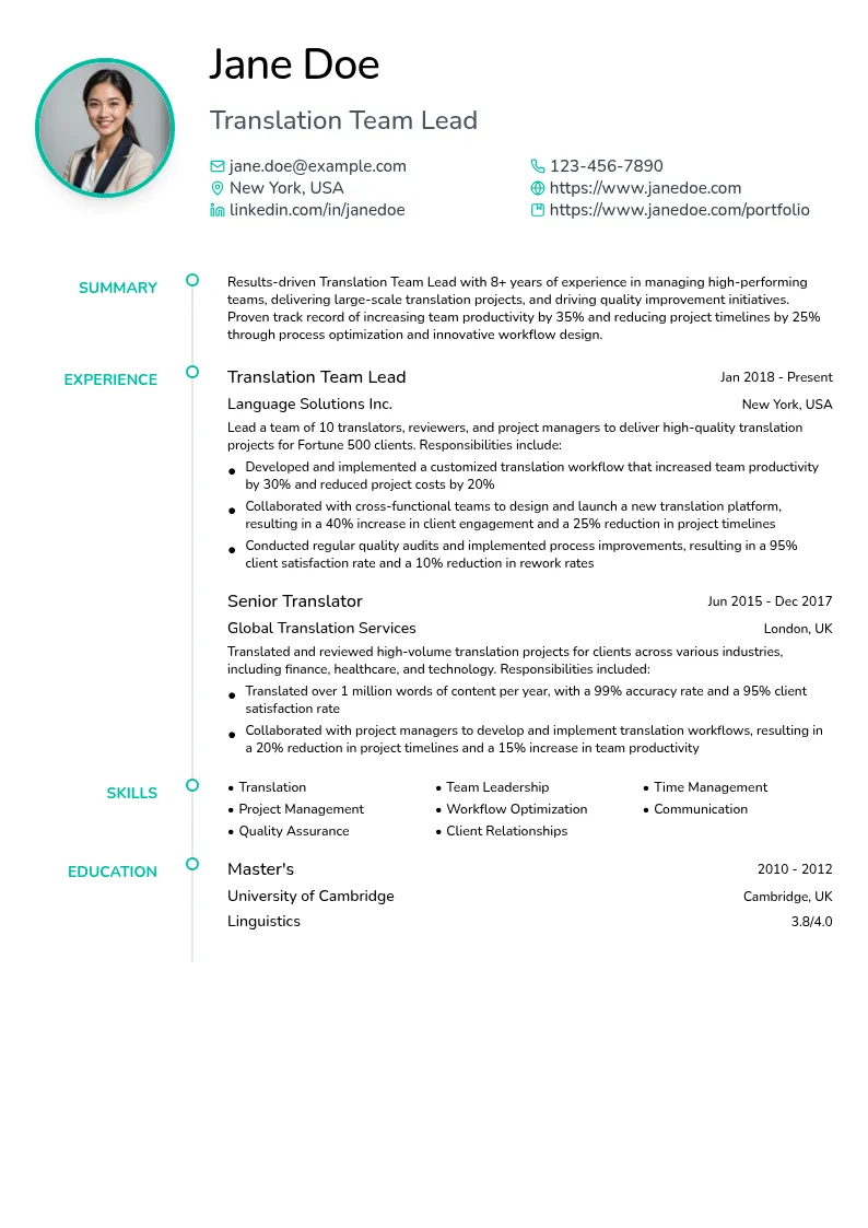 Translation Team Lead resume example