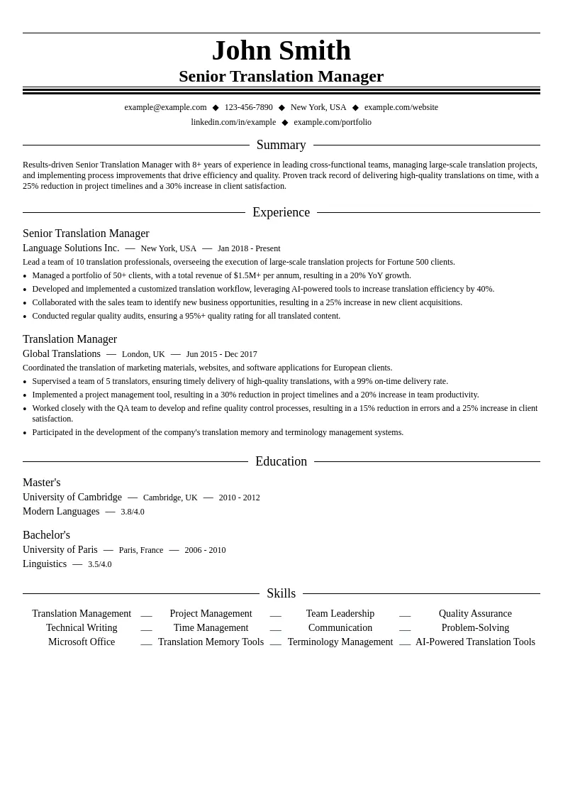 Senior Translation Manager resume example