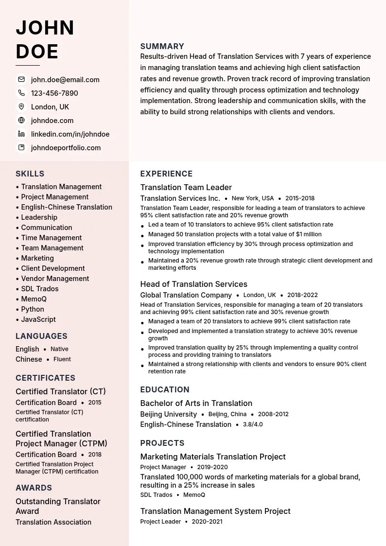 Head of Translation Services resume example