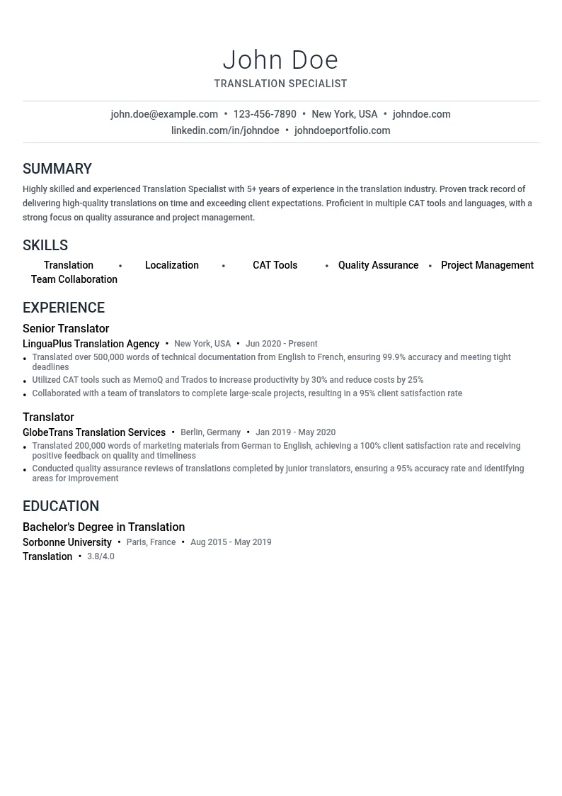 Translation Specialist resume example