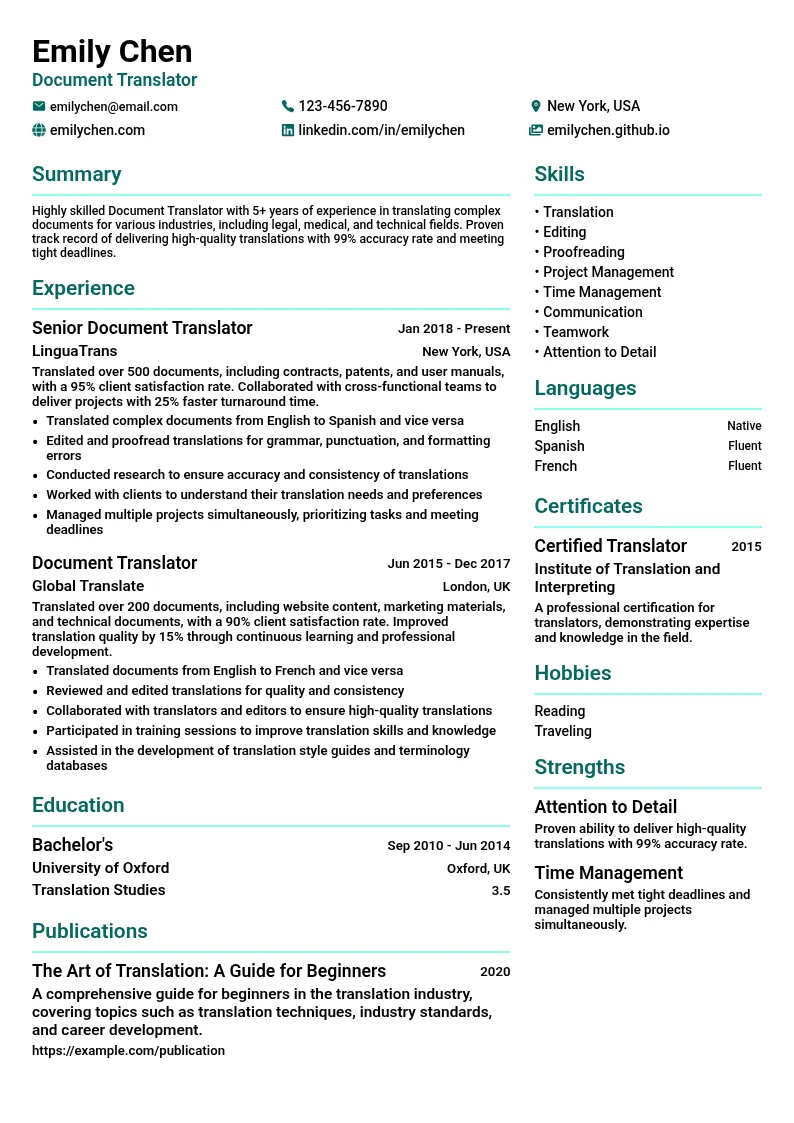 Document Translator resume example