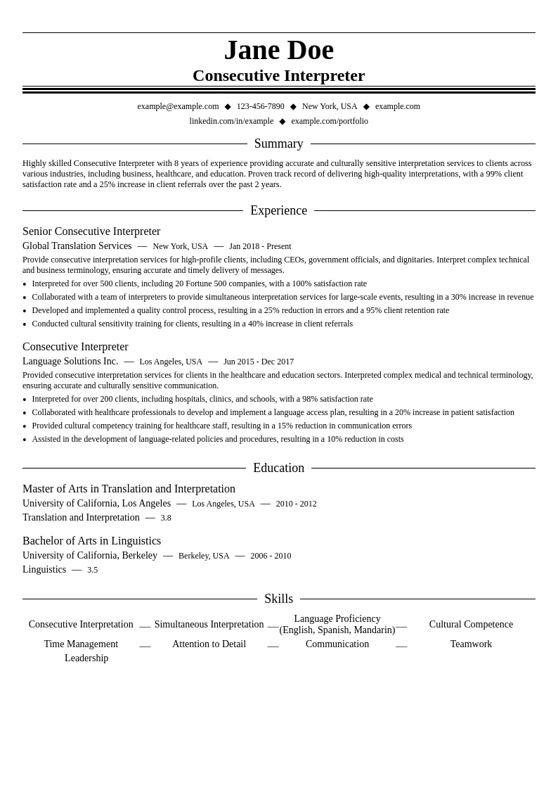 Consecutive Interpreter resume example