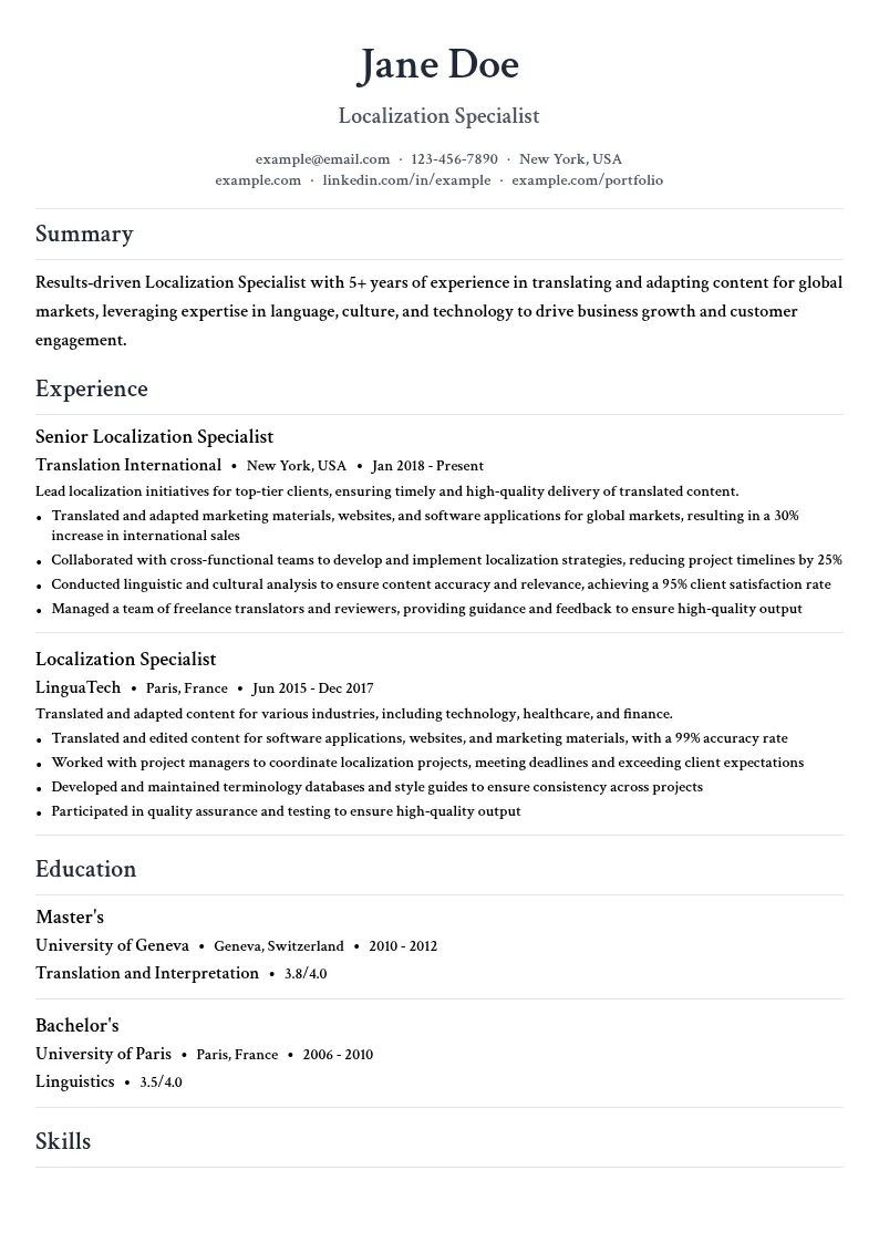 Localization Specialist resume example
