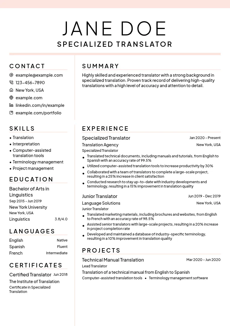 Specialized Translation resume example
