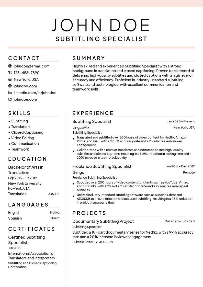 Subtitling Specialist resume example