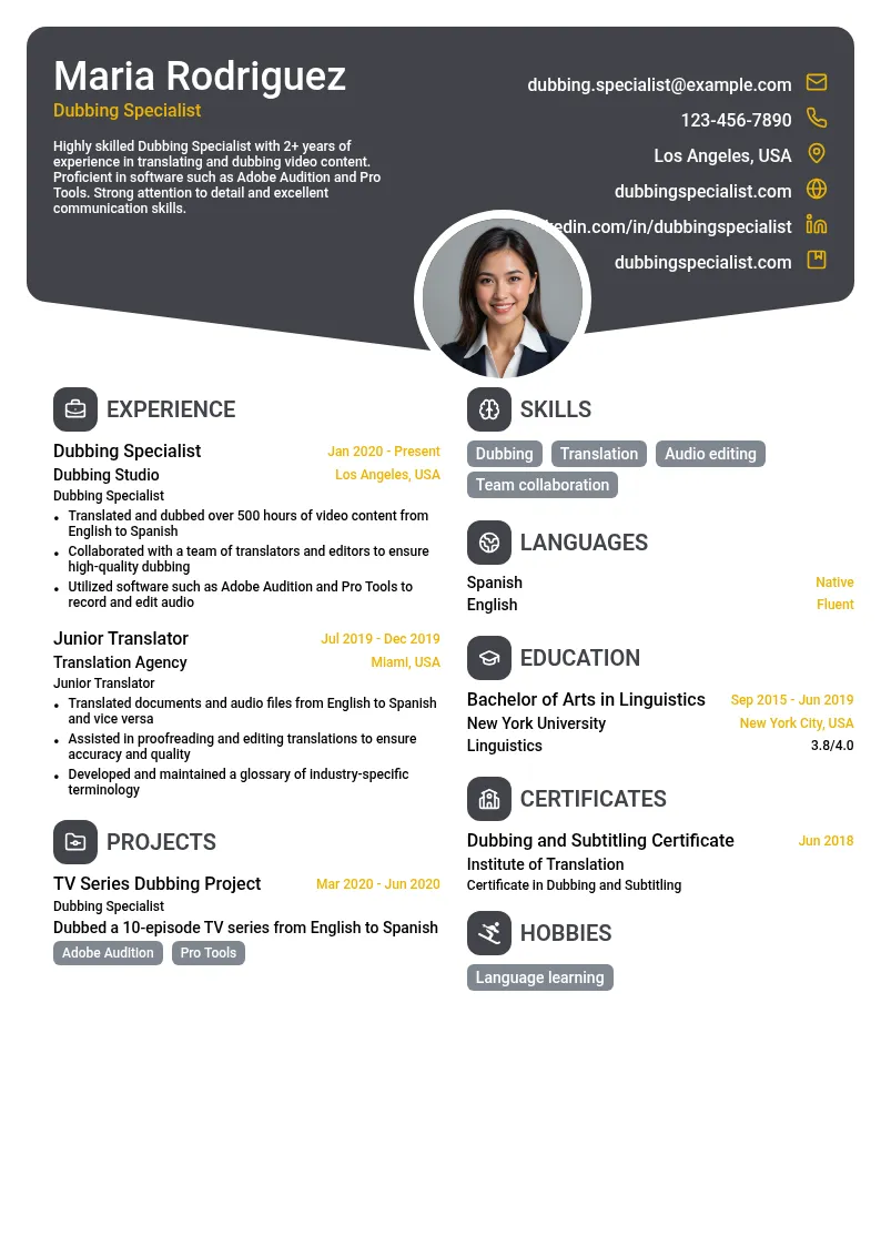 Dubbing Specialist resume example