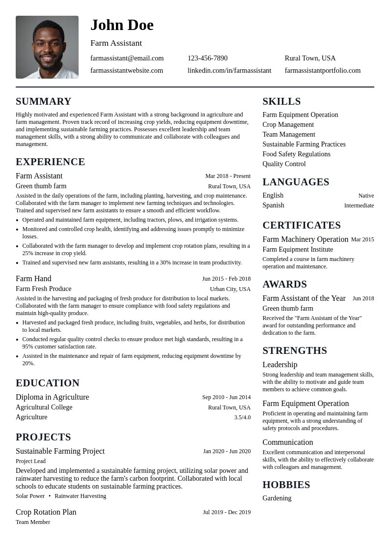 Farm Assistant resume example
