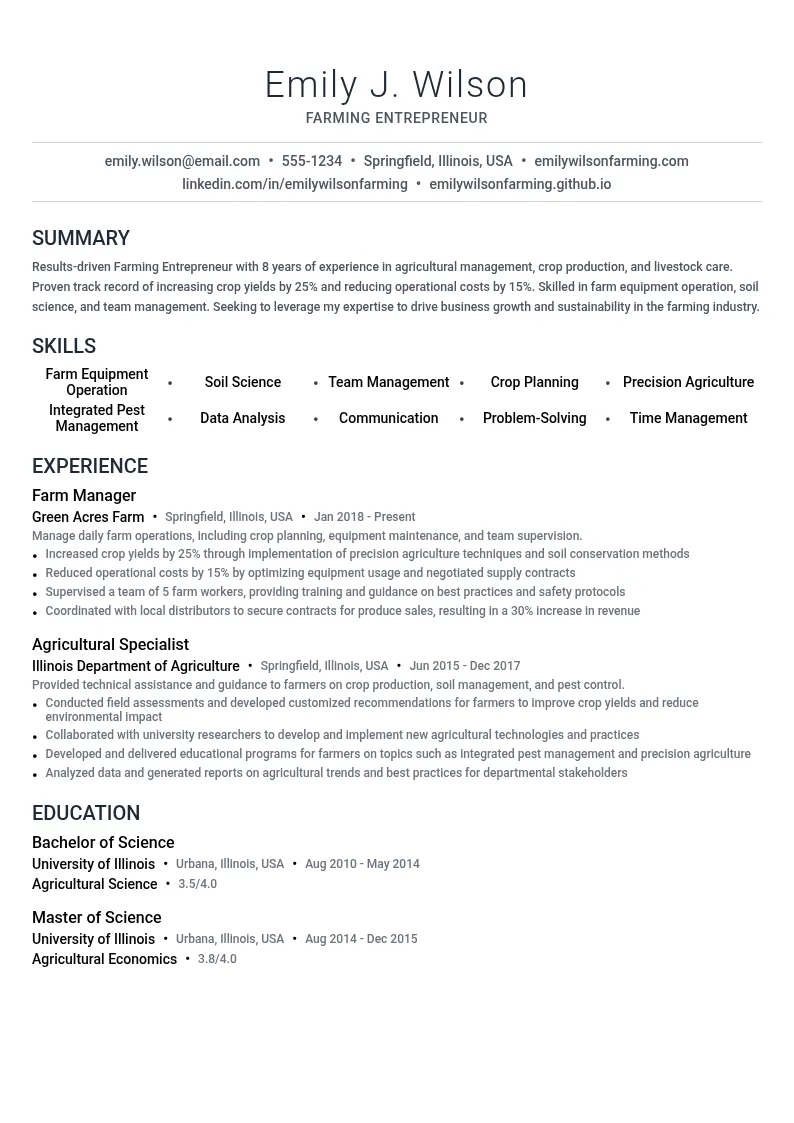 Farming Entrepreneur resume example
