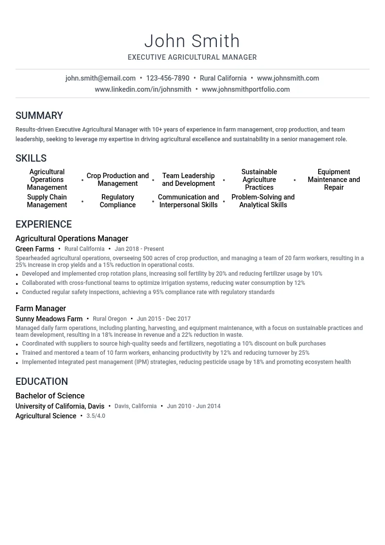 Executive Agricultural Manager resume example