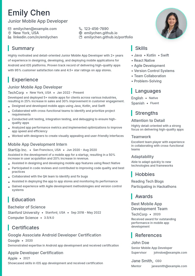 Junior Mobile App Developer resume example
