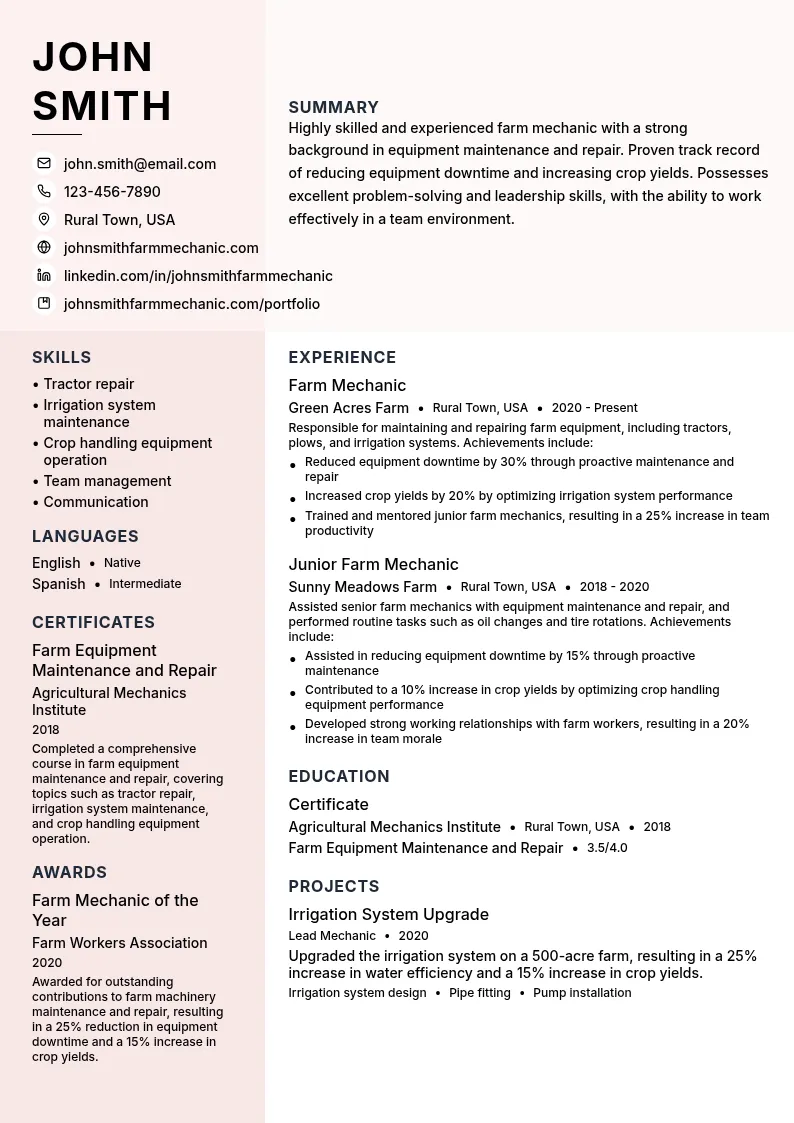 Farm Mechanic resume example