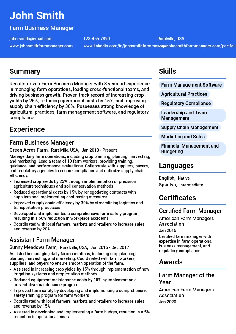 Farm Business Manager resume example