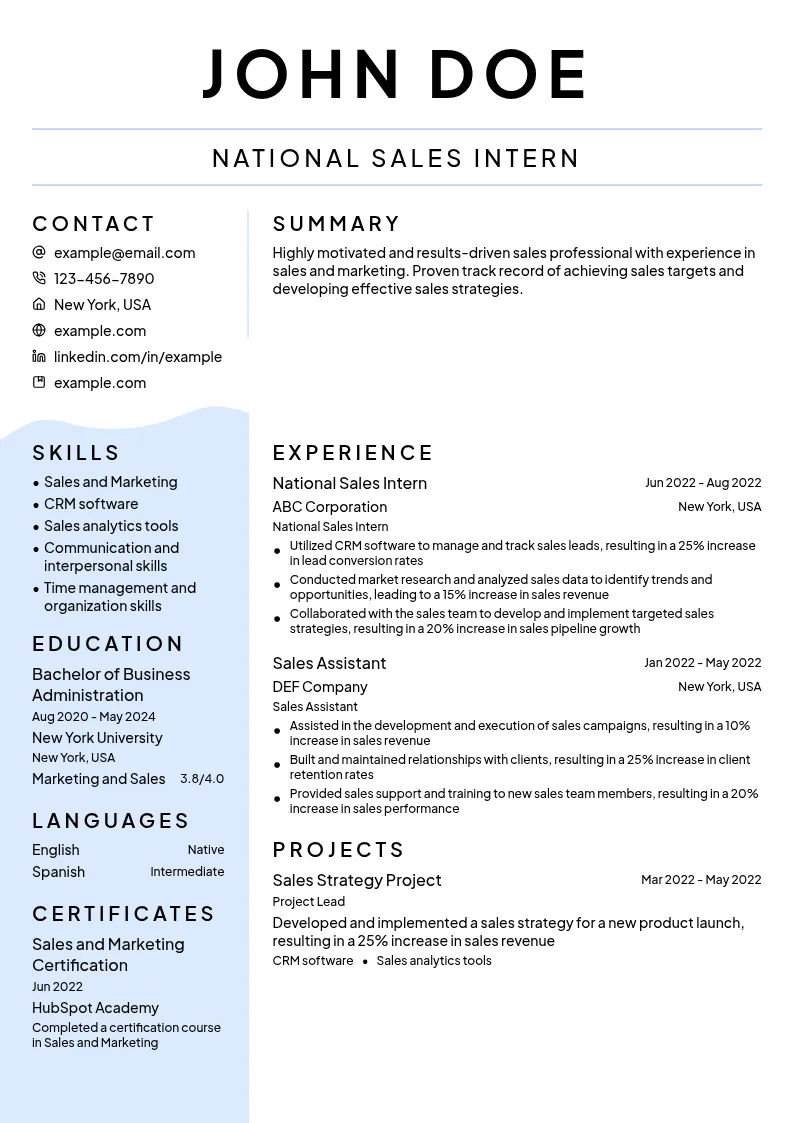National Sales Intern resume example