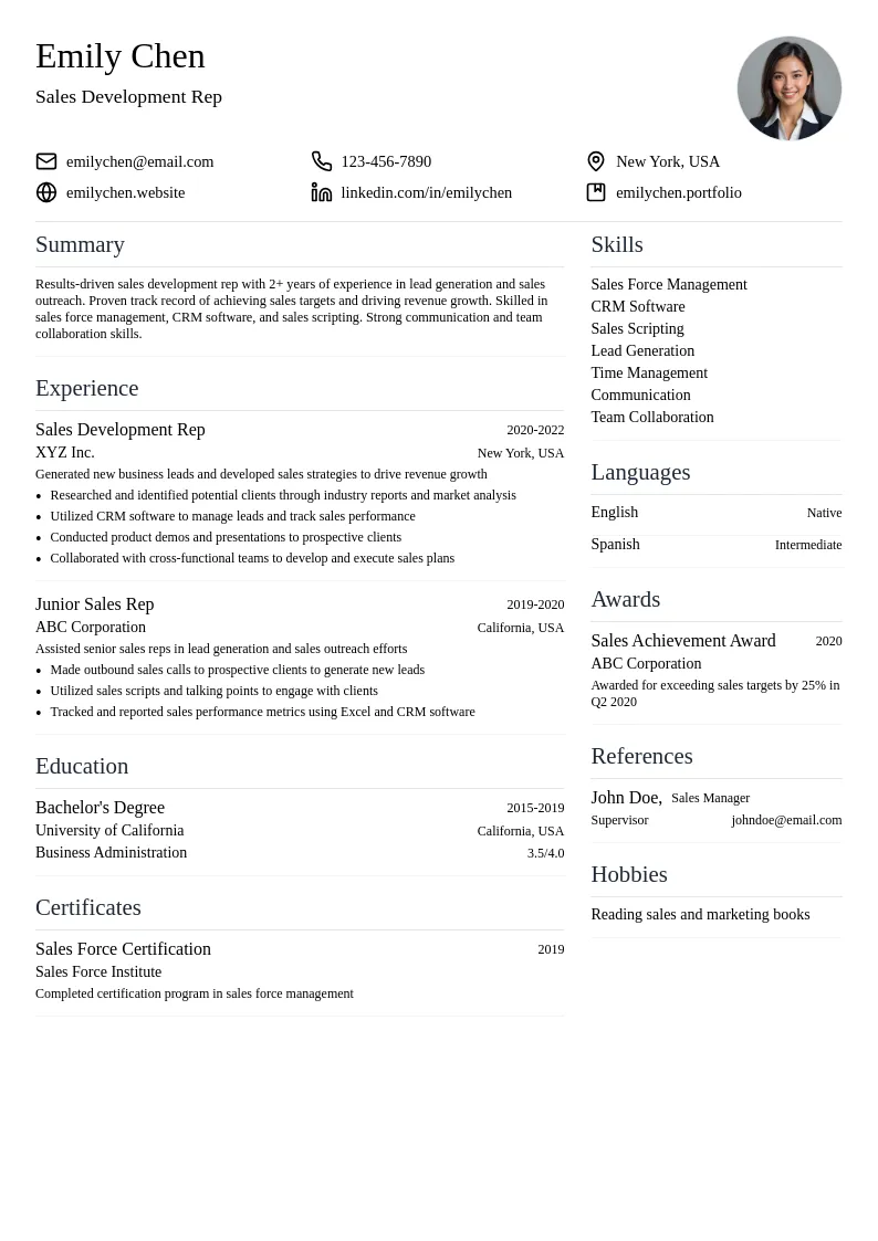 Sales Development Rep resume example