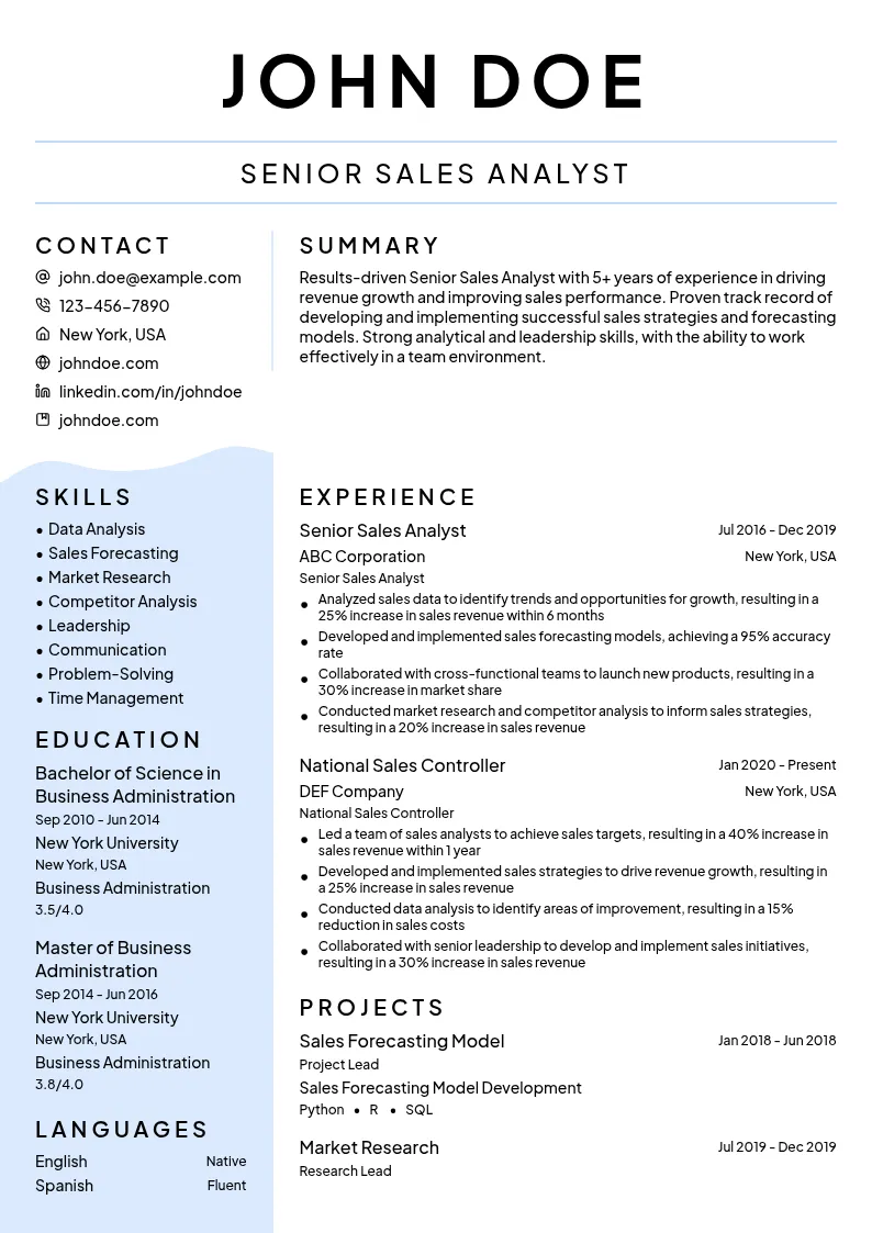 Senior Sales Analyst resume example