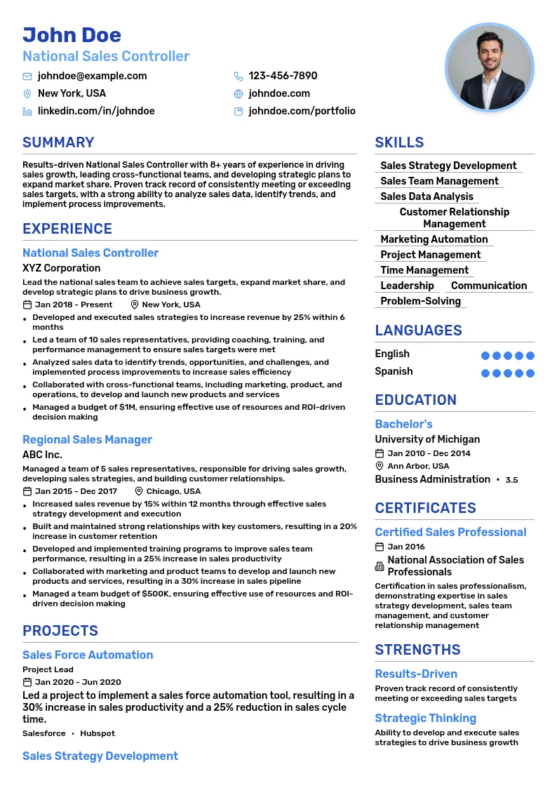 National Sales Controller resume example