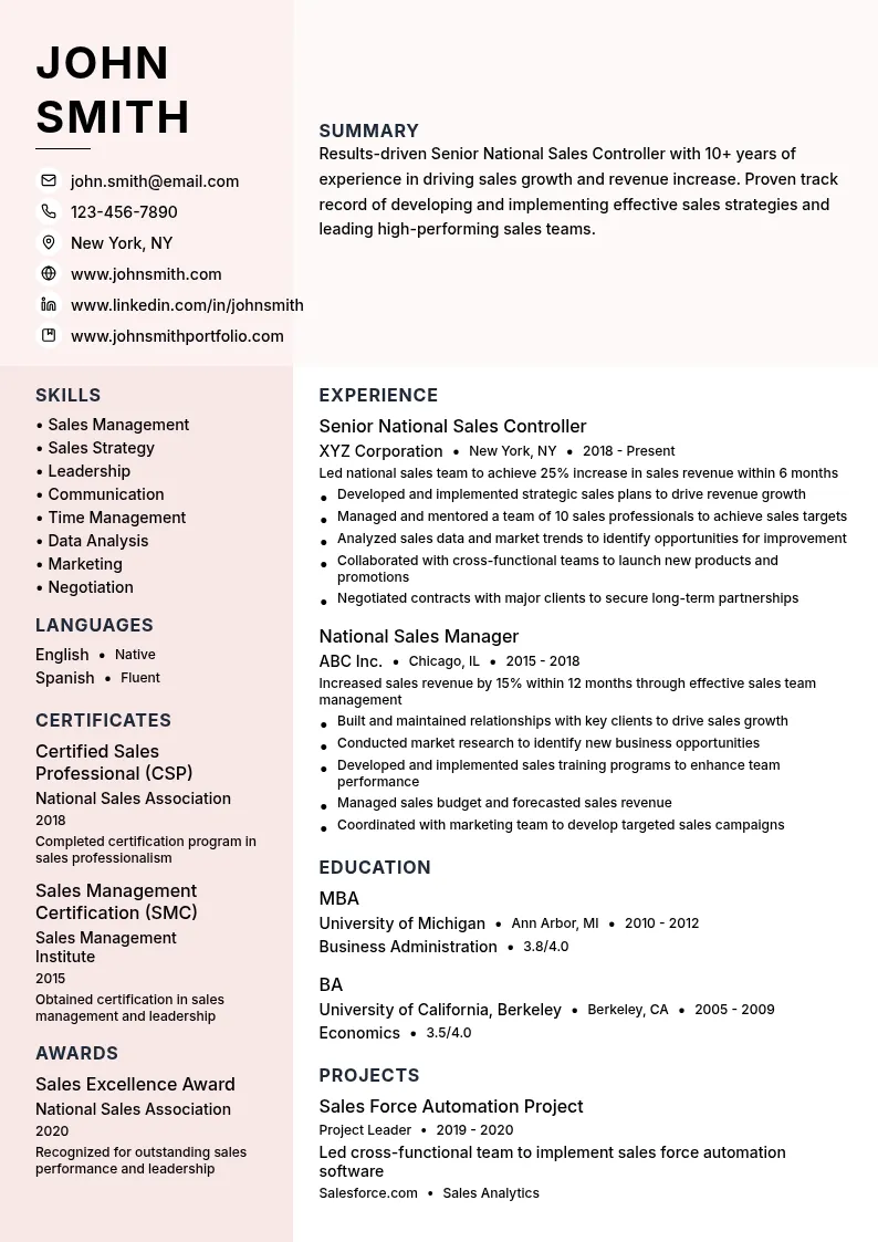 Senior National Sales Controller resume example