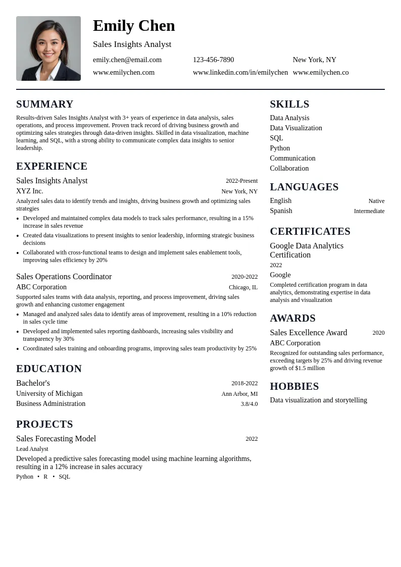 Sales Insights Analyst resume example