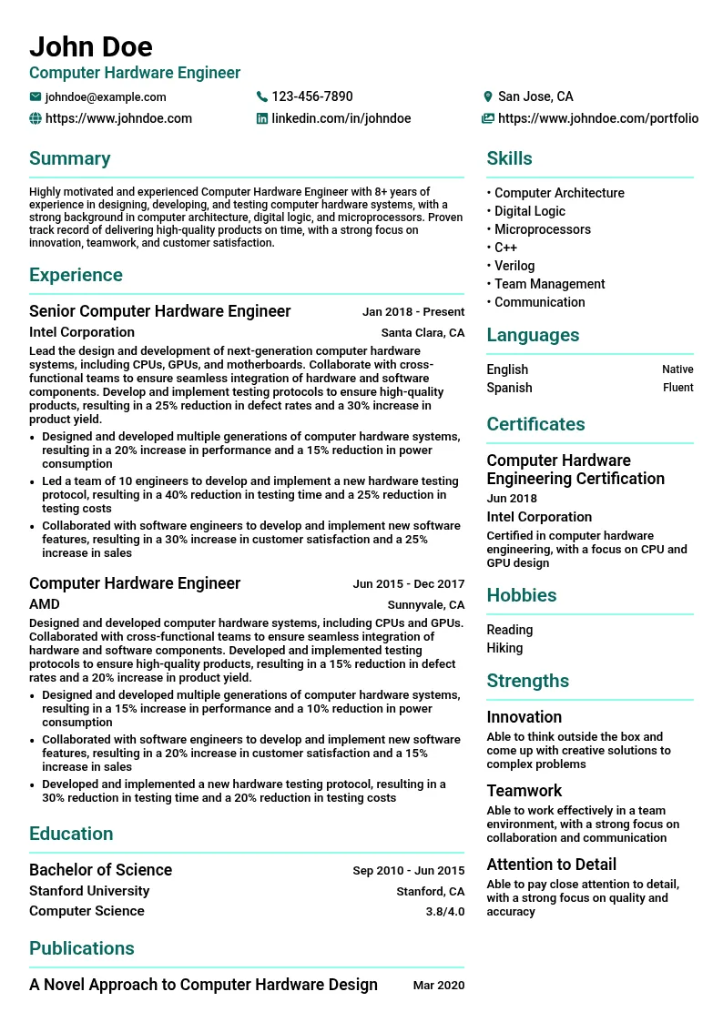 Computer Hardware Engineer resume example