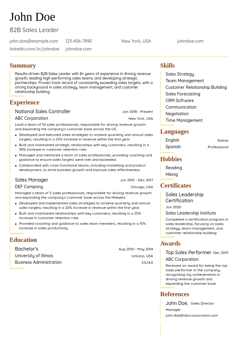 B2B Sales Leader resume example