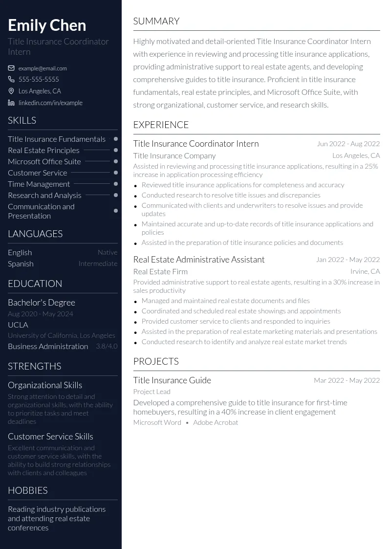 Title Insurance Coordinator Intern resume example