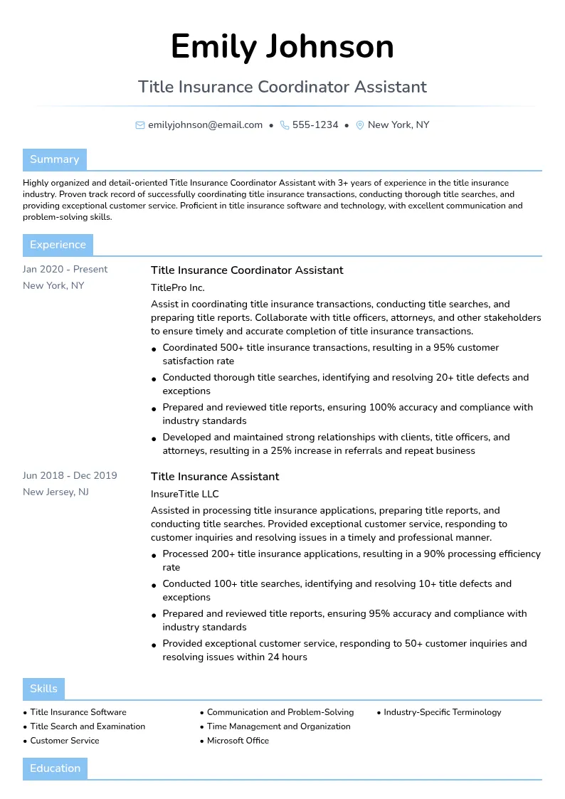Title Insurance Coordinator Assistant resume example