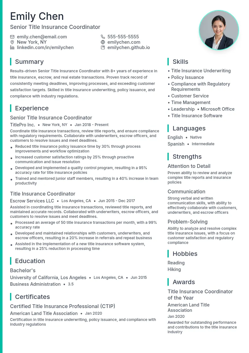 Senior Title Insurance Coordinator resume example