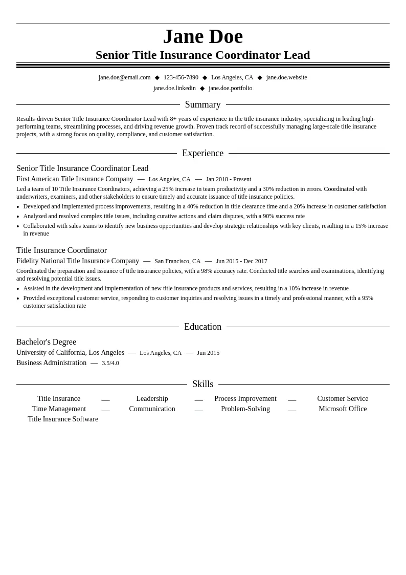 Senior Title Insurance Coordinator Lead resume example