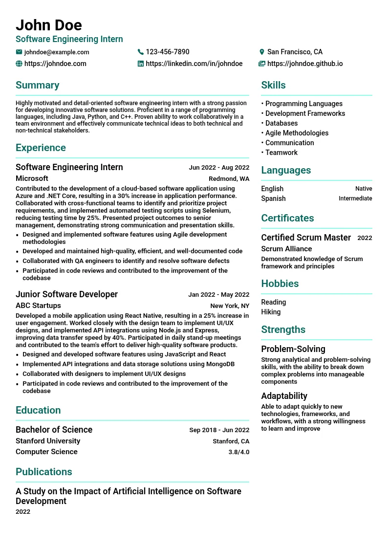 Software Engineering Intern resume example
