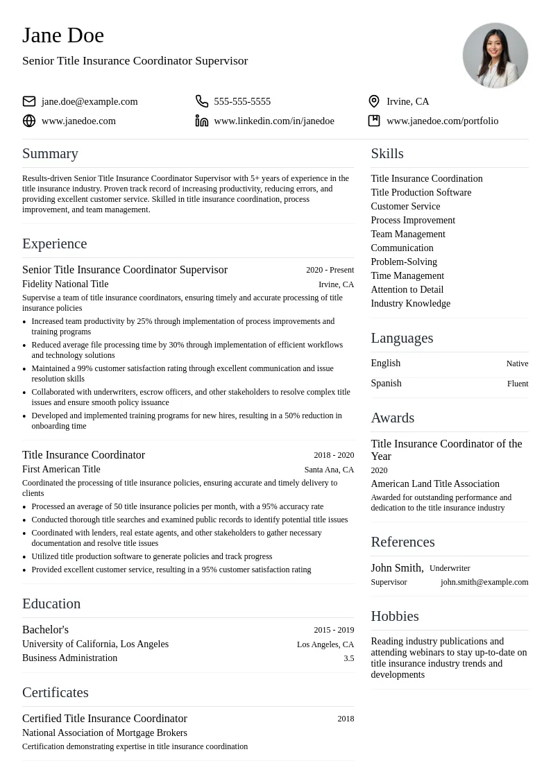 Senior Title Insurance Coordinator Supervisor resume example
