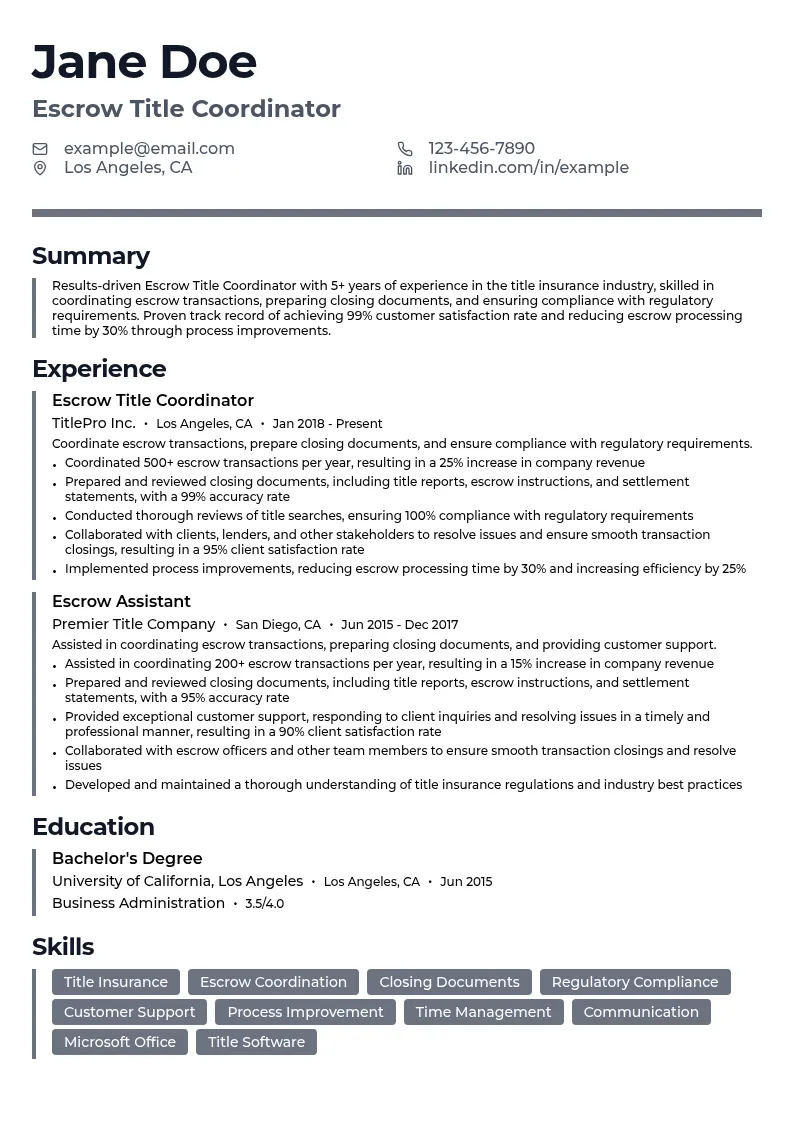 Escrow Title Coordinator resume example