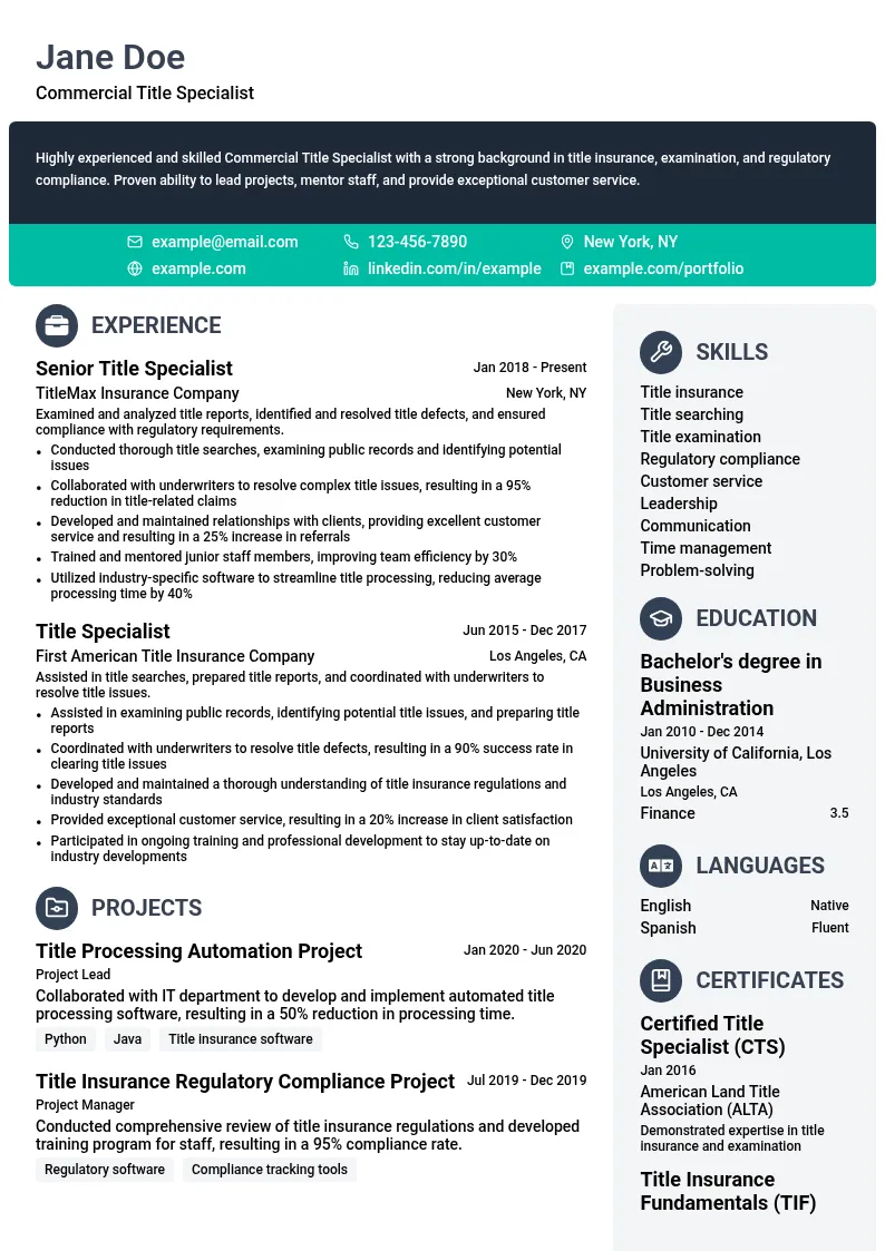 Commercial Title Specialist resume example
