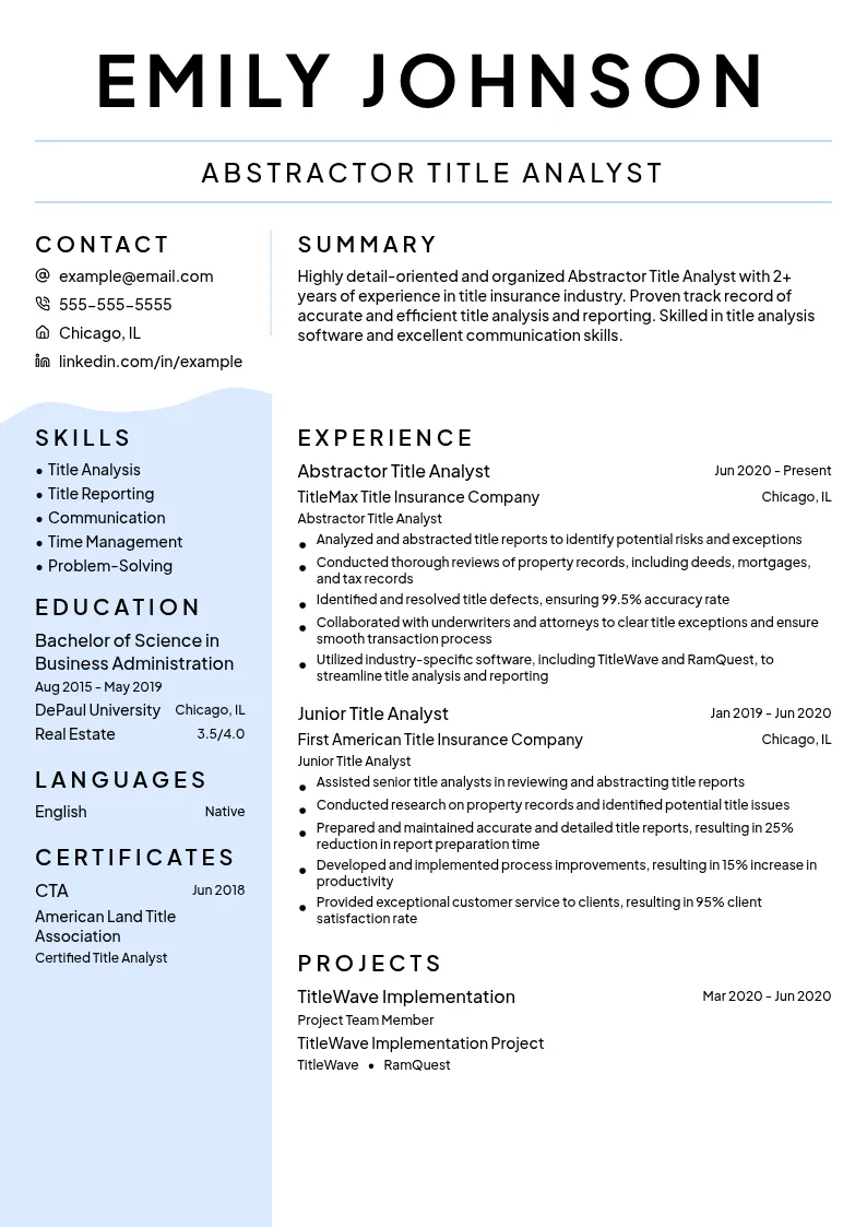 Abstractor Title Analyst resume example