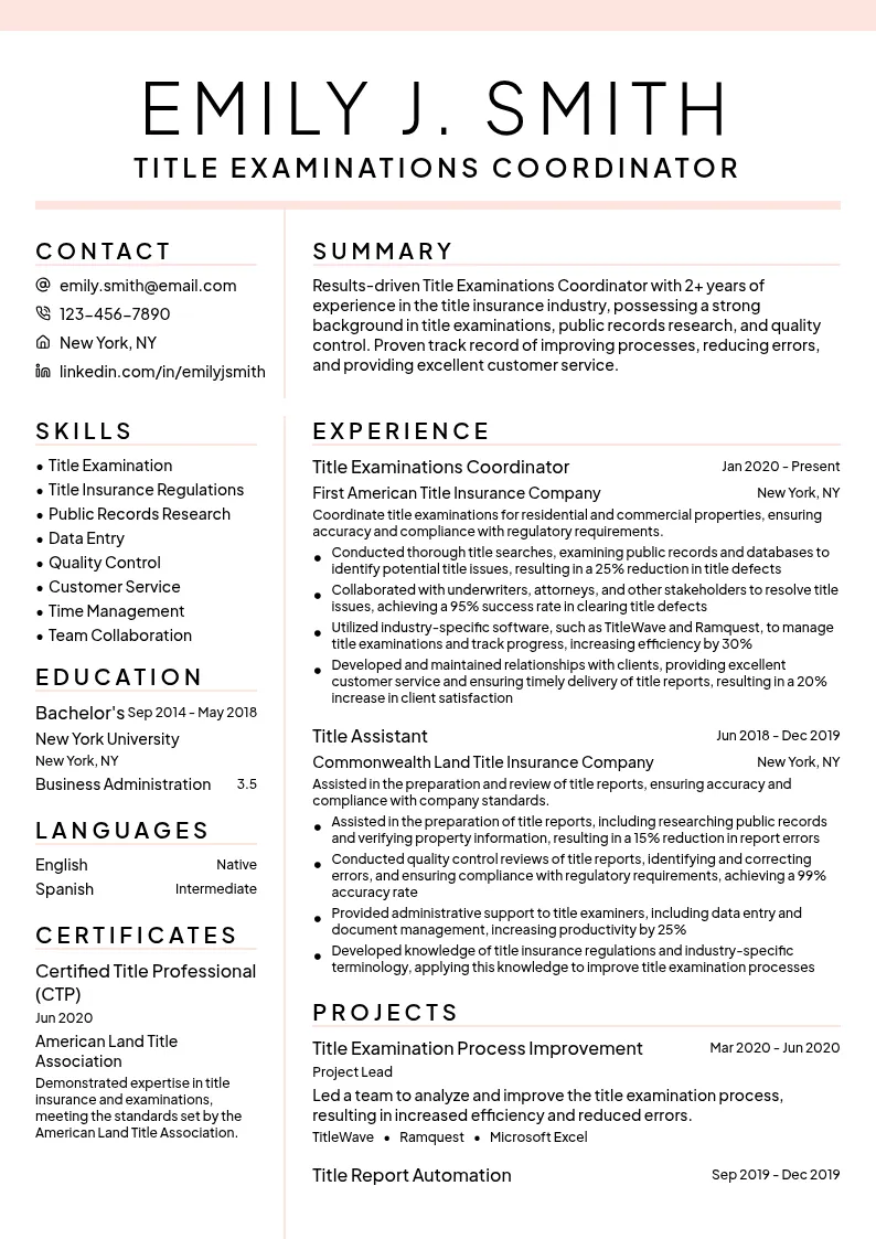 Title Examinations Coordinator resume example