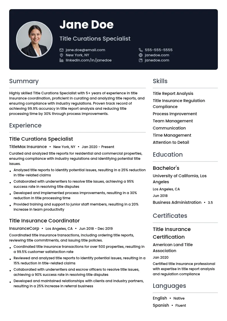 Title Curations Specialist resume example