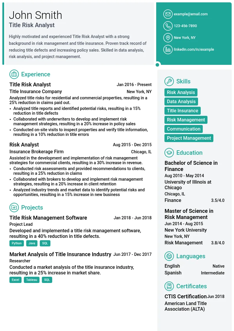 Title Risk Analyst resume example