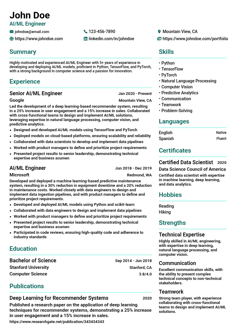 AI/ML Engineer resume example