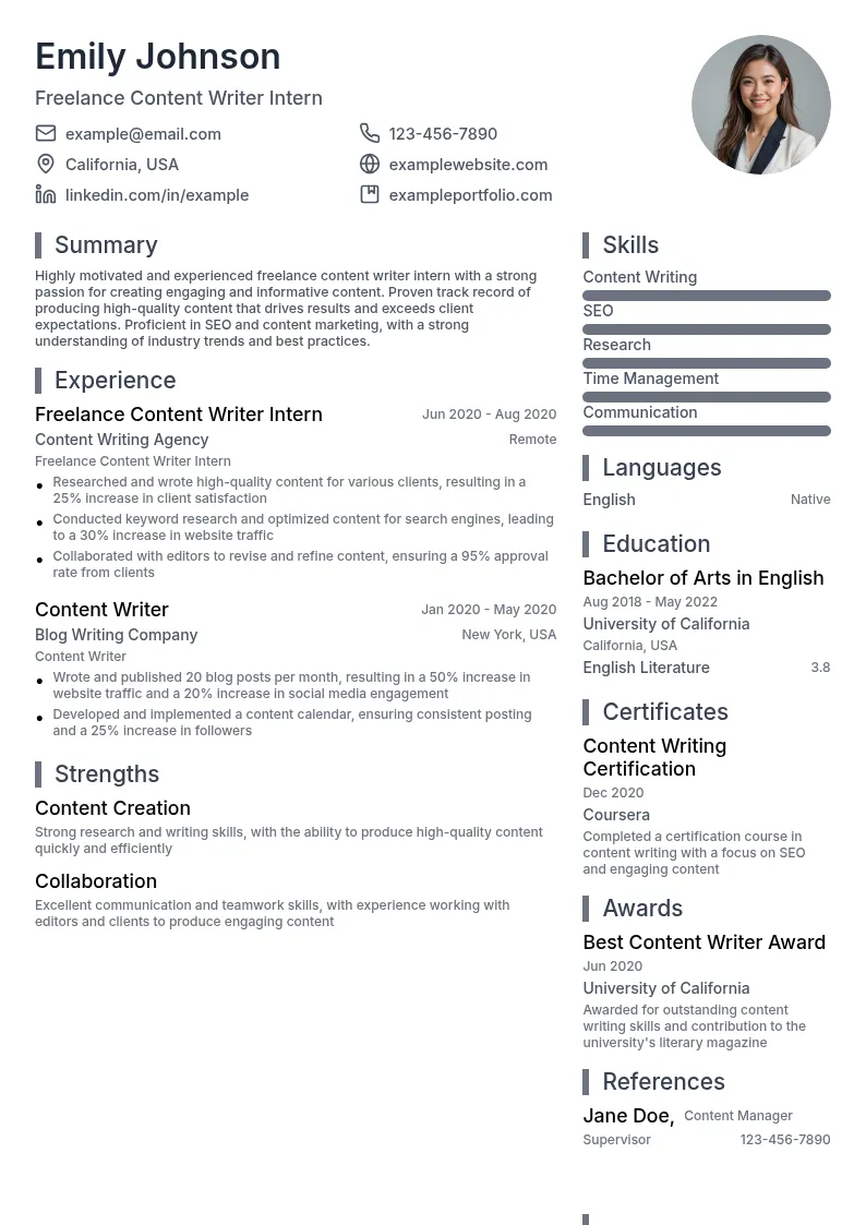 Freelance Content Writer Intern resume example