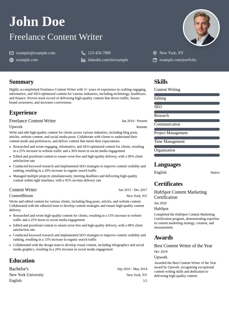 Freelance Content Writer resume example