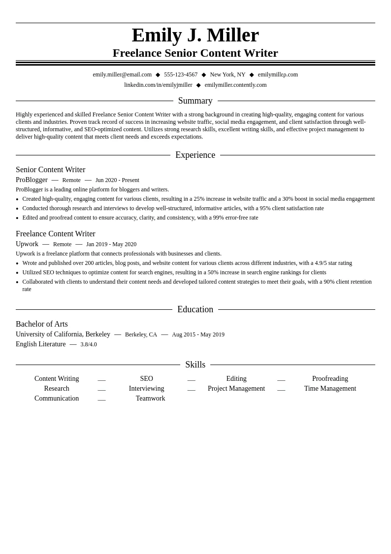 Freelance Senior Content Writer resume example