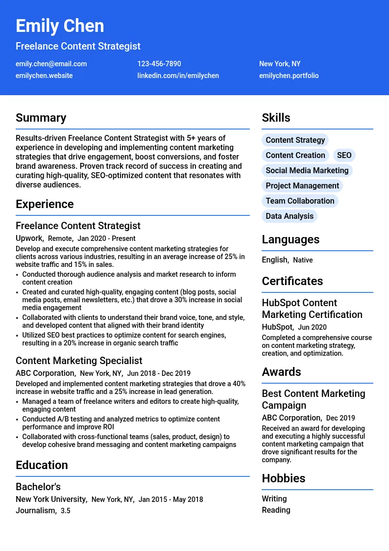 Freelance Content Strategist resume example