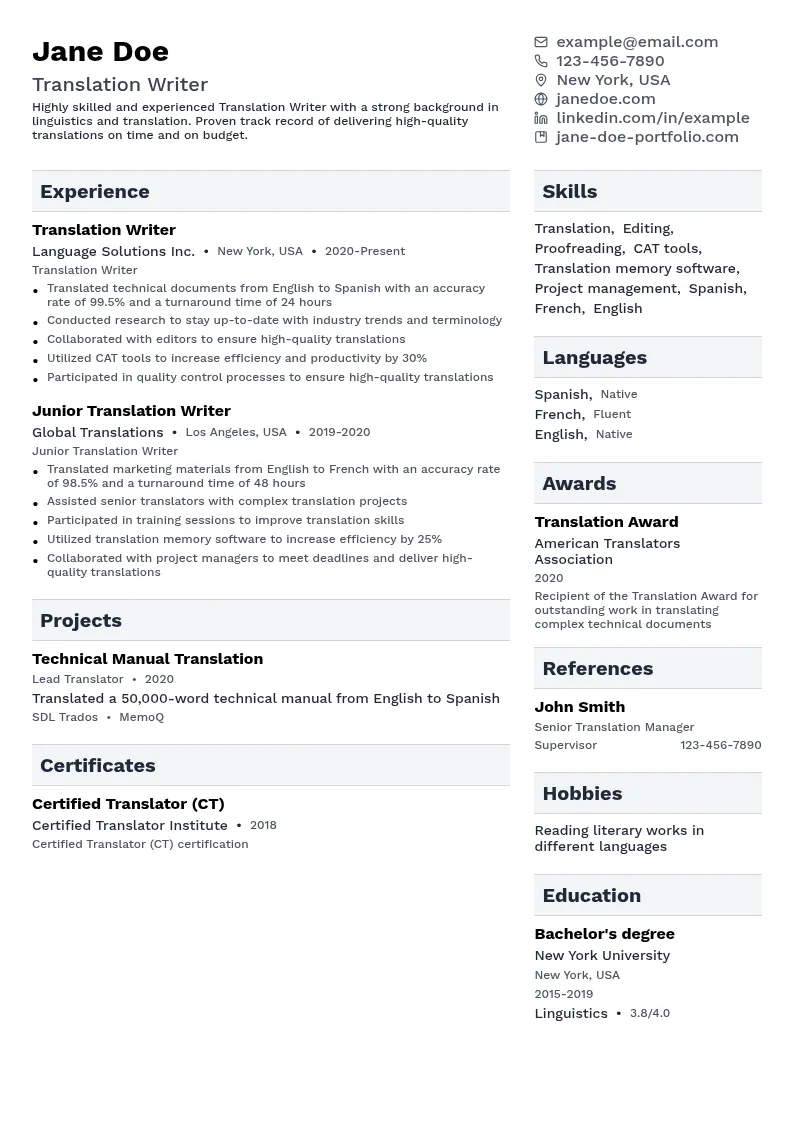 Translation Writer resume example