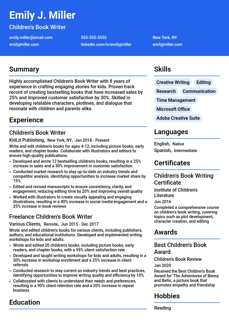 Children's Book Writer resume example