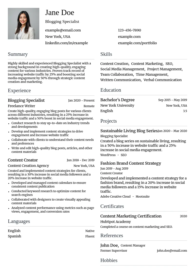 Blogging Specialist resume example