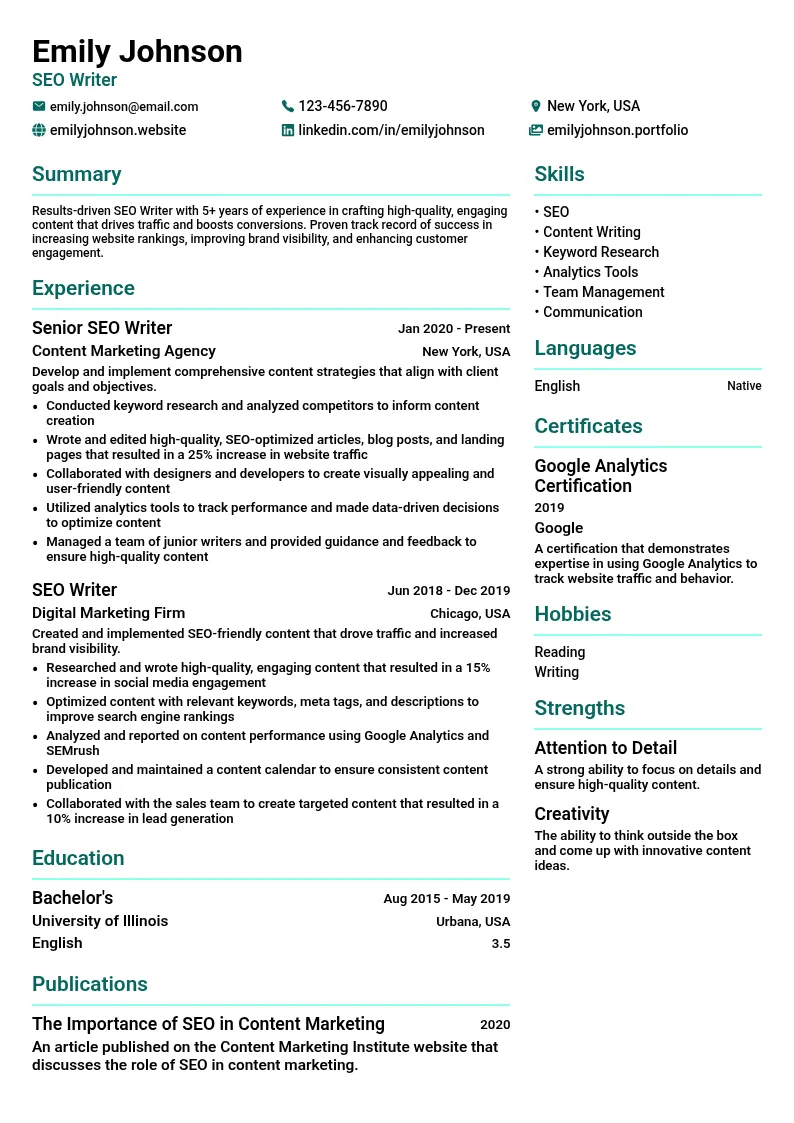 SEO Writer resume example