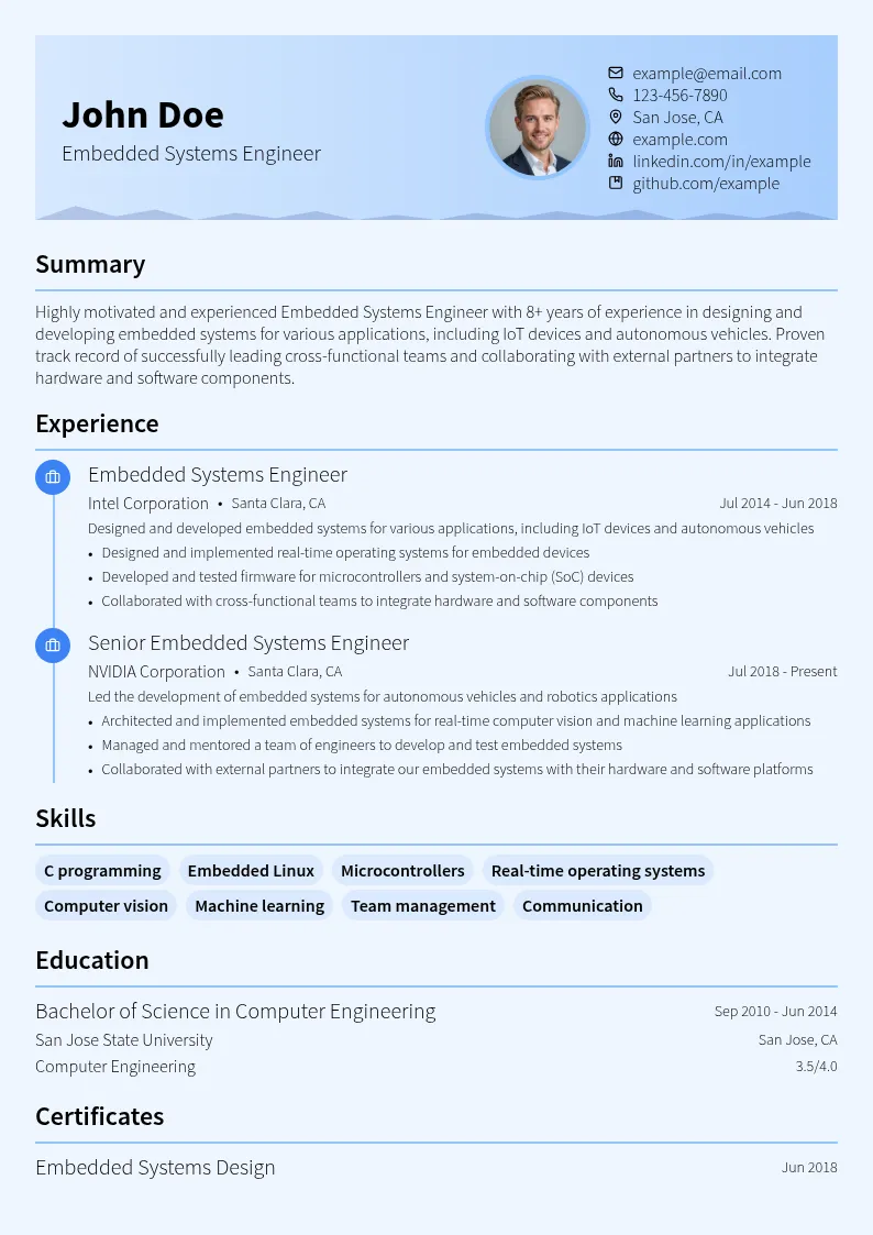 Embedded Systems Engineer resume example