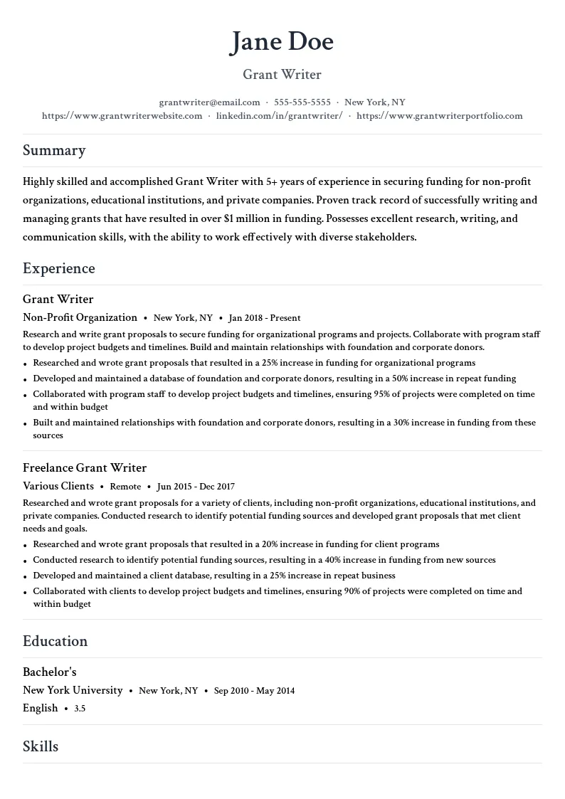 Grant Writer resume example