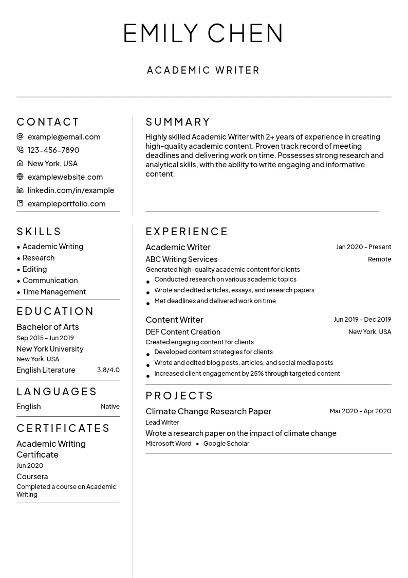 Academic Writer resume example