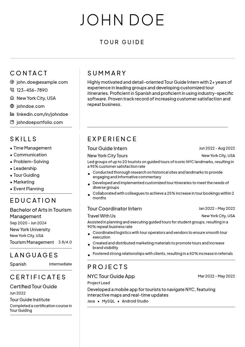 Intern Tour Guide resume example