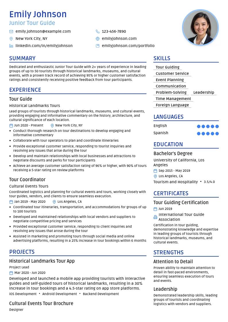 Junior Tour Guide resume example